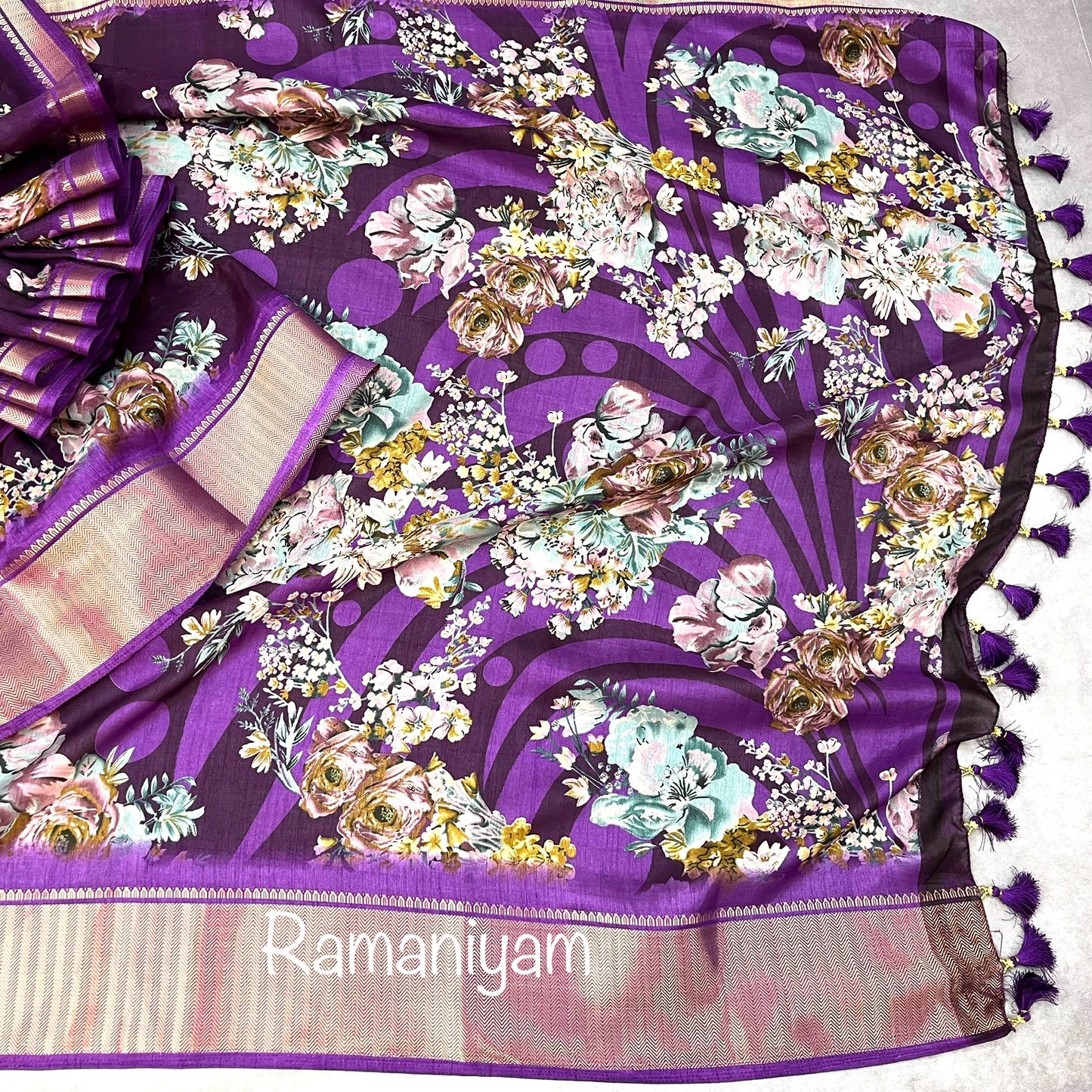 Purple floral print tussar saree