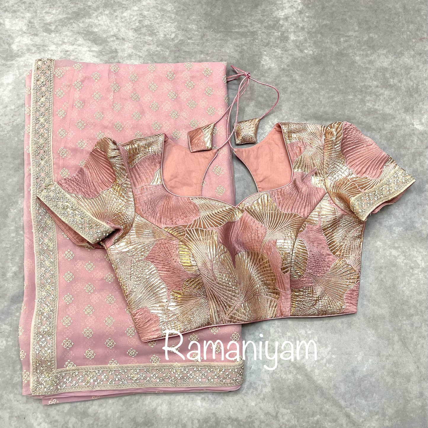 Rose pink tissue georgette saree with stone work borders and metallic rose pink blouse