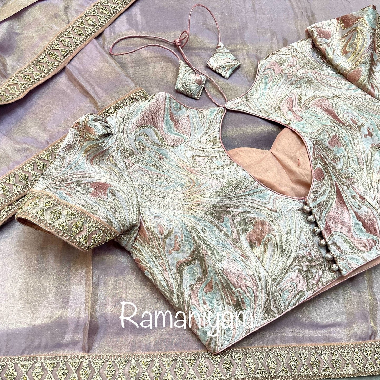 Lilac tissue crape saree with silver gold metallic lilac blouse