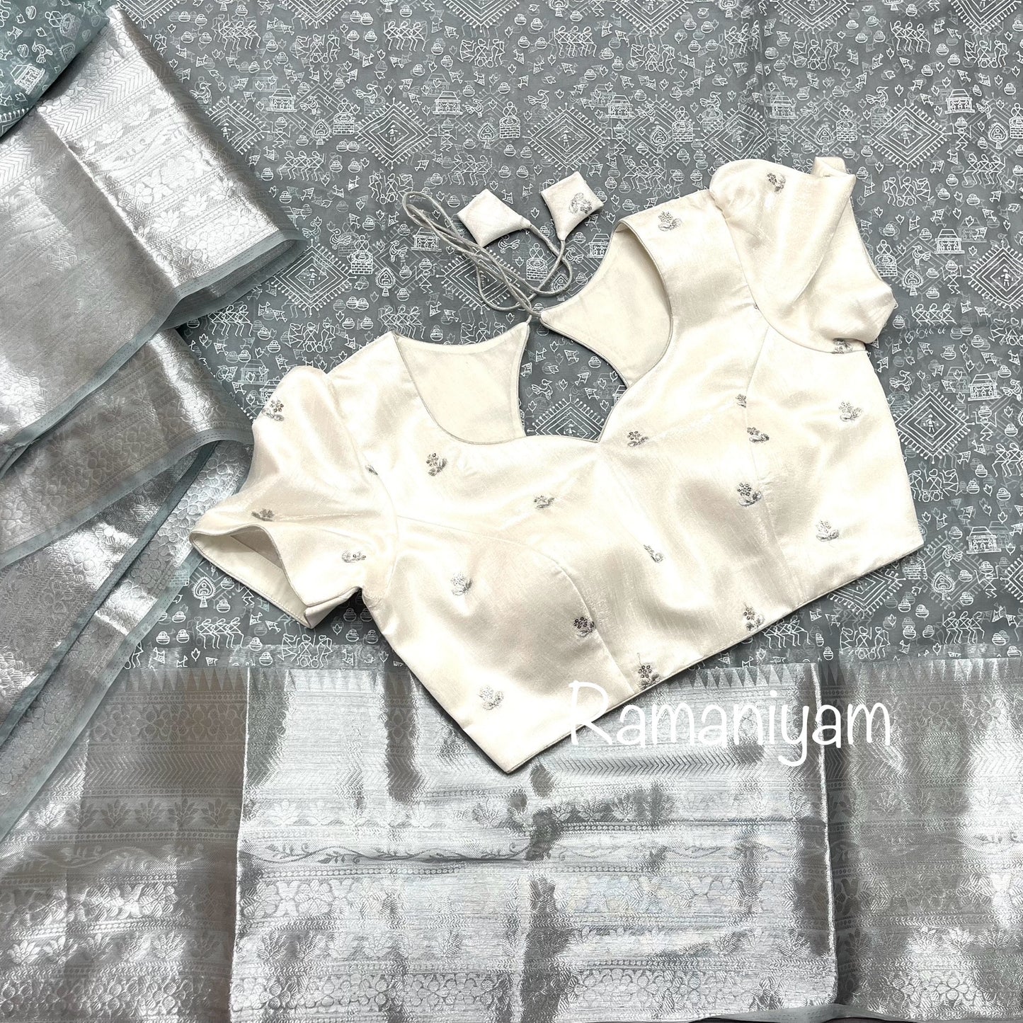 Warli painting block printed Grey Organza lightweight saree