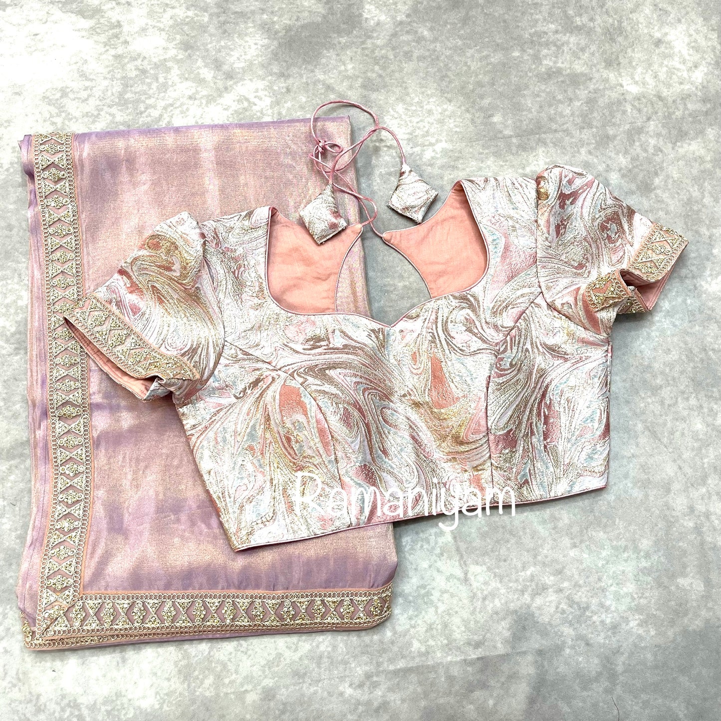 Lilac tissue crape saree with silver gold metallic lilac blouse