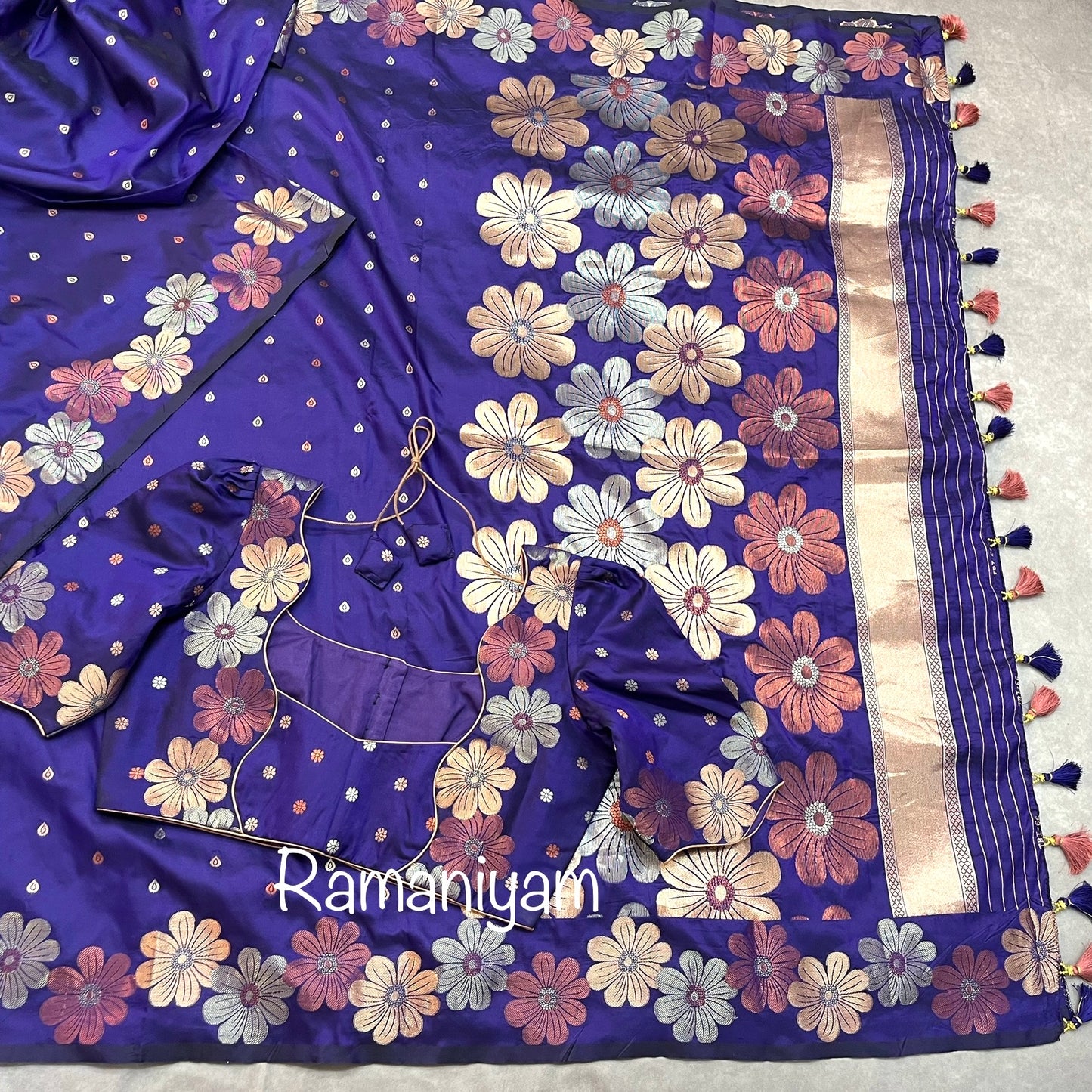 Royal blue trendy floral weave Kanchi light weight