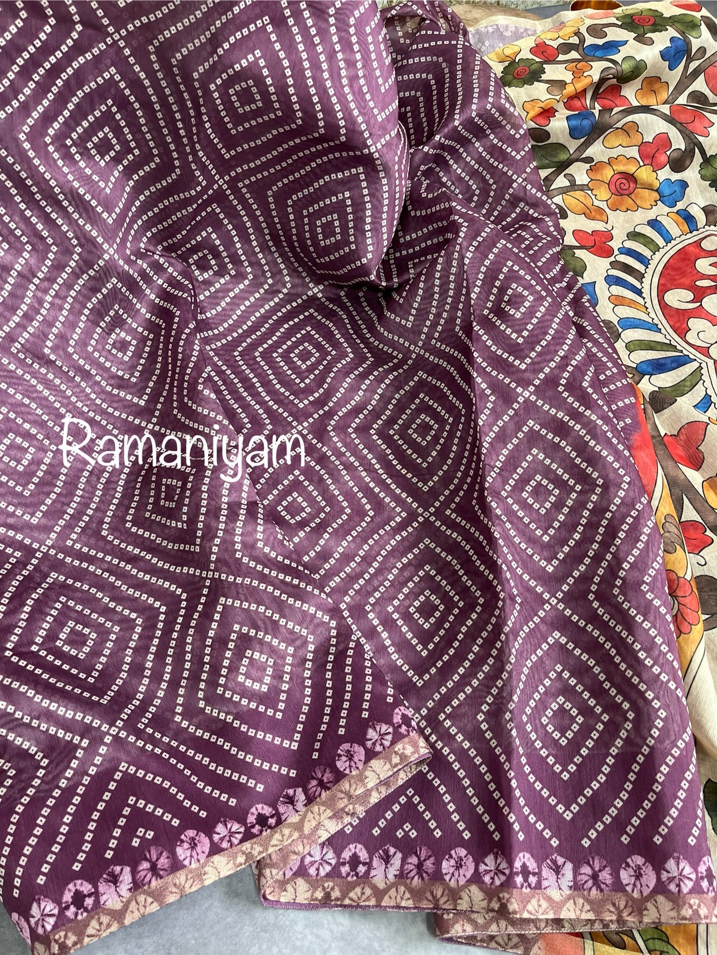 Wine color Organza Bandhani saree with a Kalamkari pallu