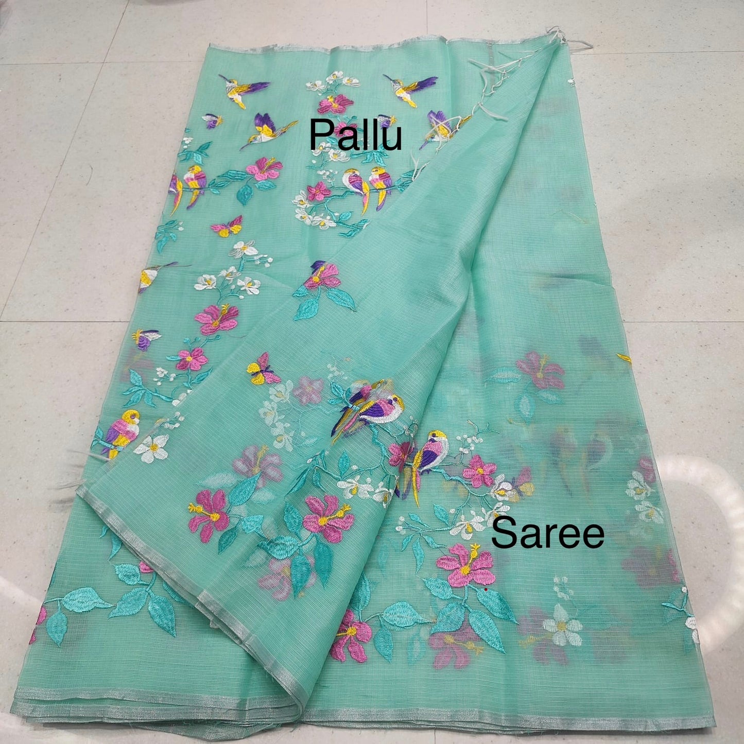 Mint green Kota embroidery saree with stitched blouse