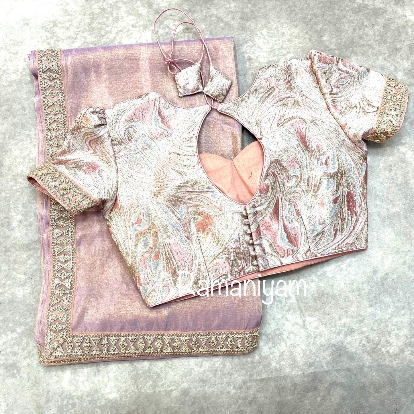 Lilac tissue crape saree with silver gold metallic lilac blouse