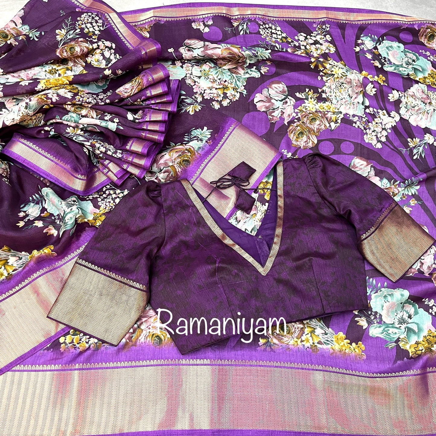 Purple floral print tussar saree