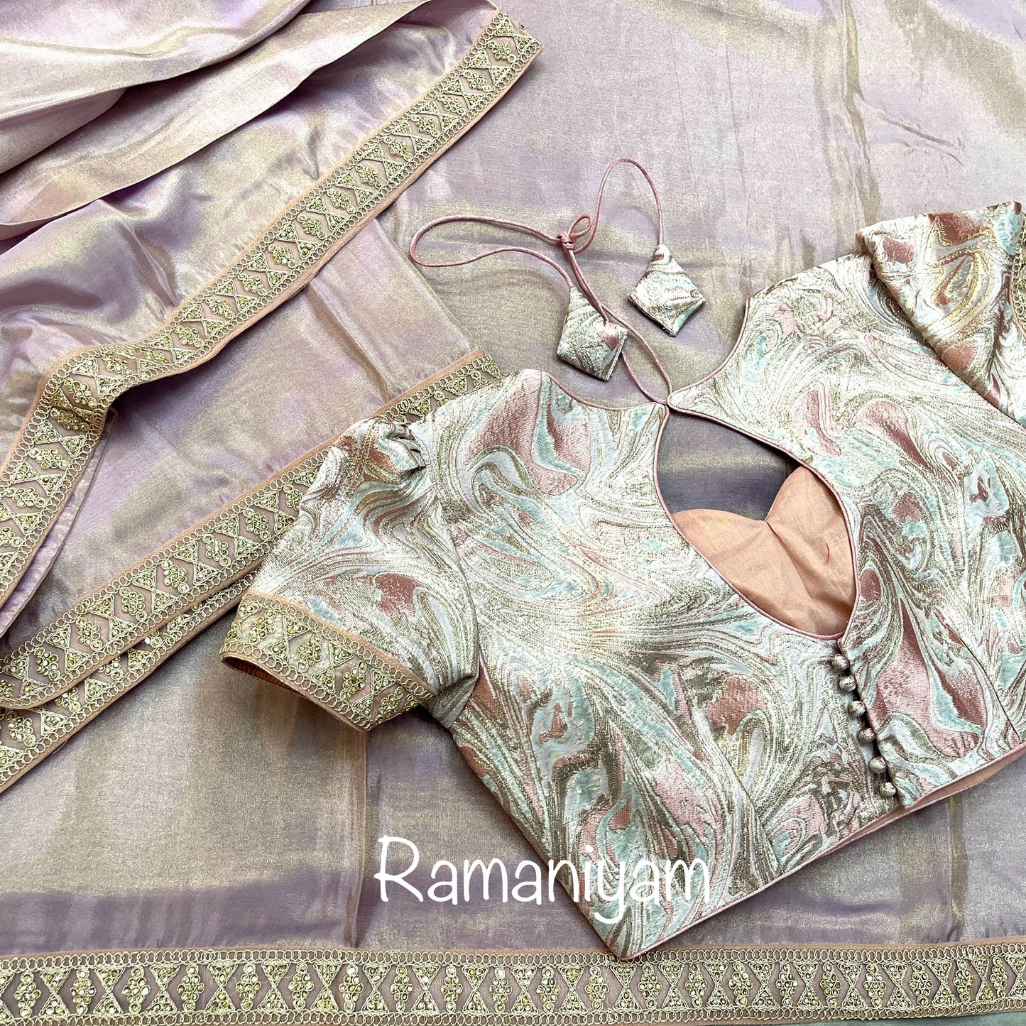Lilac tissue crape saree with silver gold metallic lilac blouse