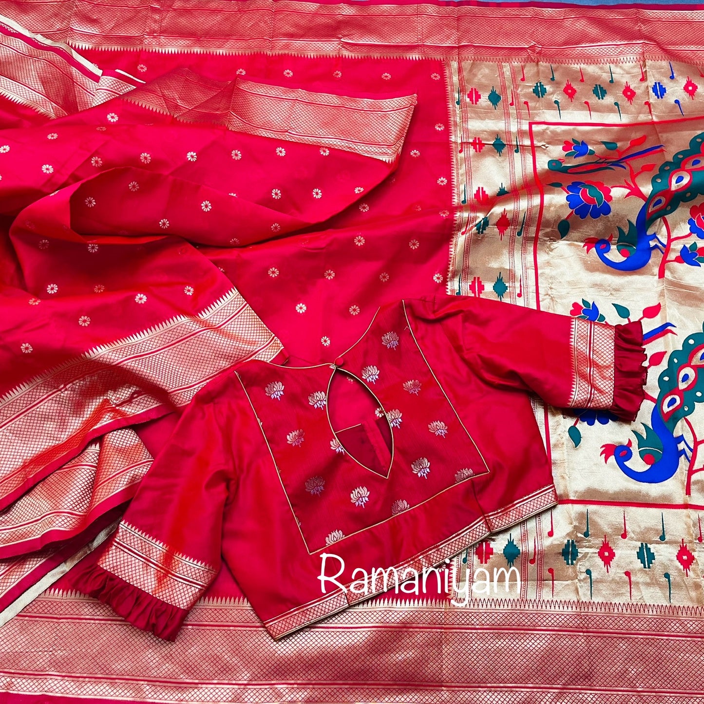 Royal red maharani Paithani saree with pattern blouse