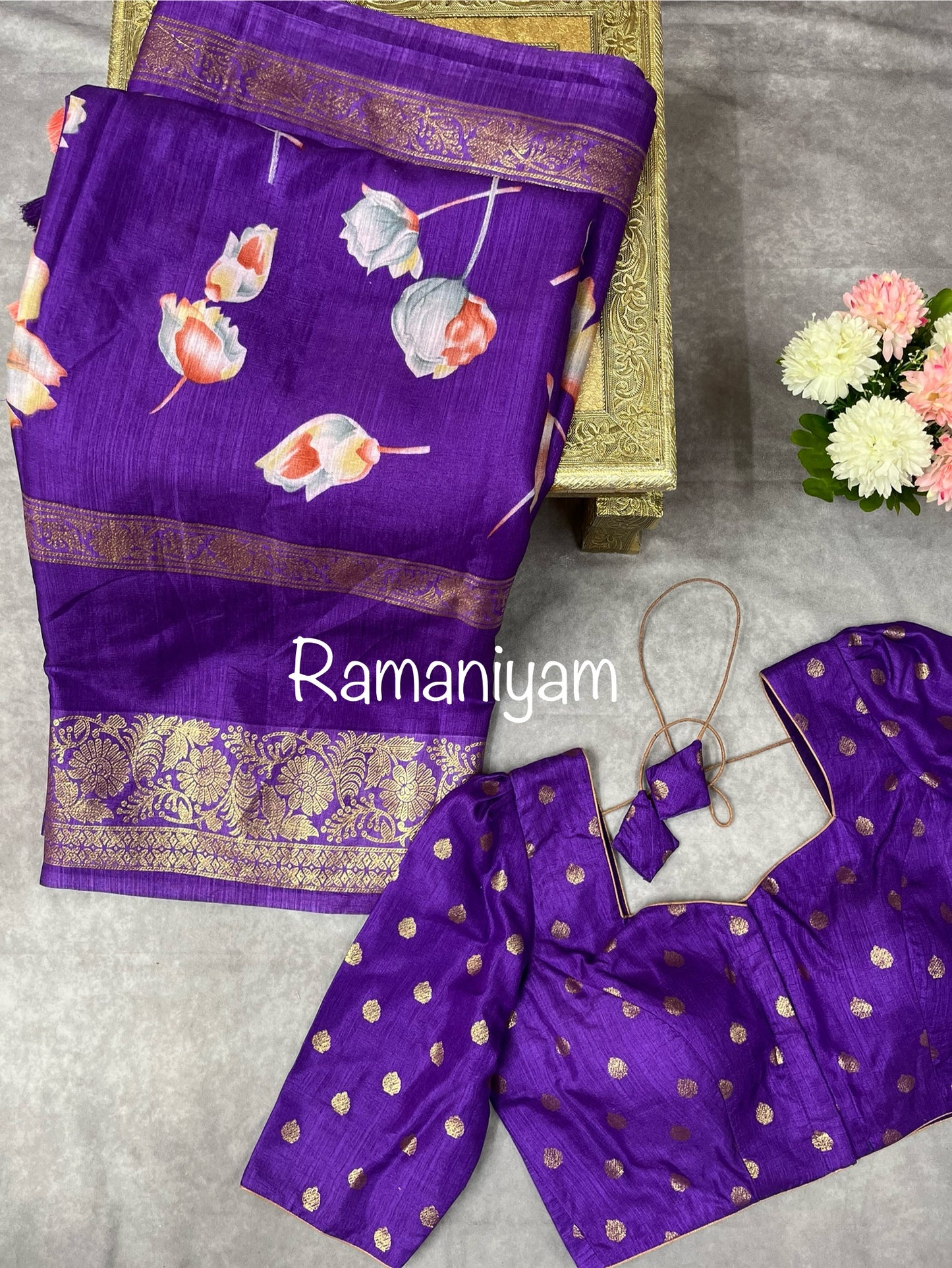 Purple floral print tussar saree