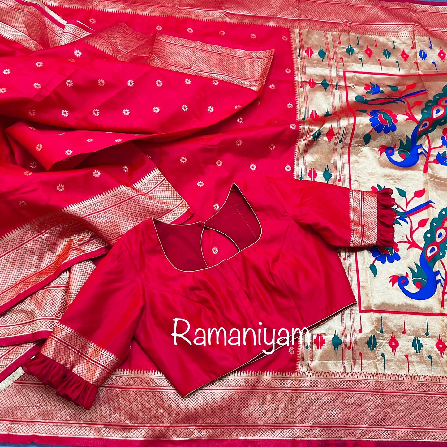 Royal red maharani Paithani saree with pattern blouse