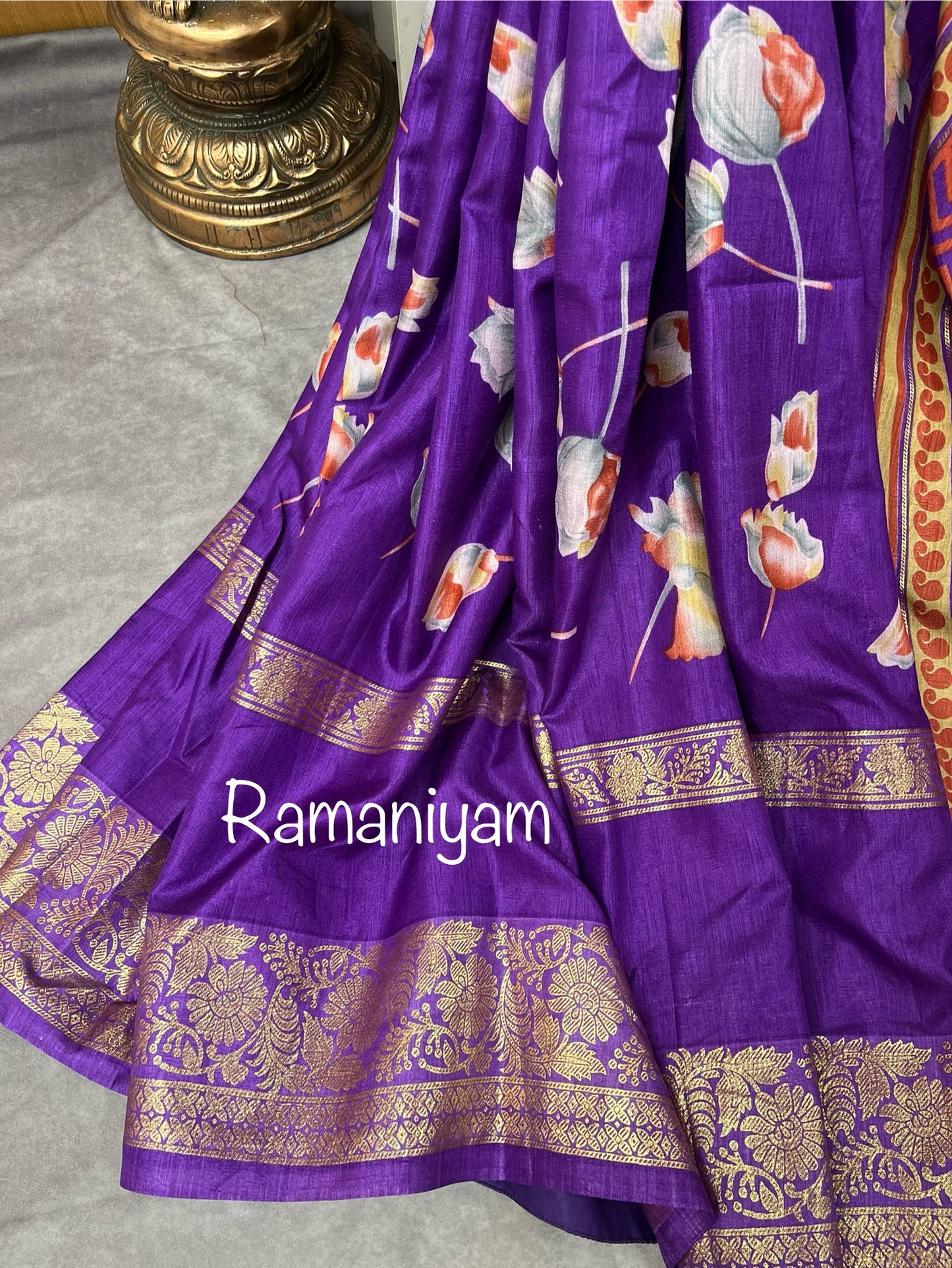 Purple floral print tussar saree