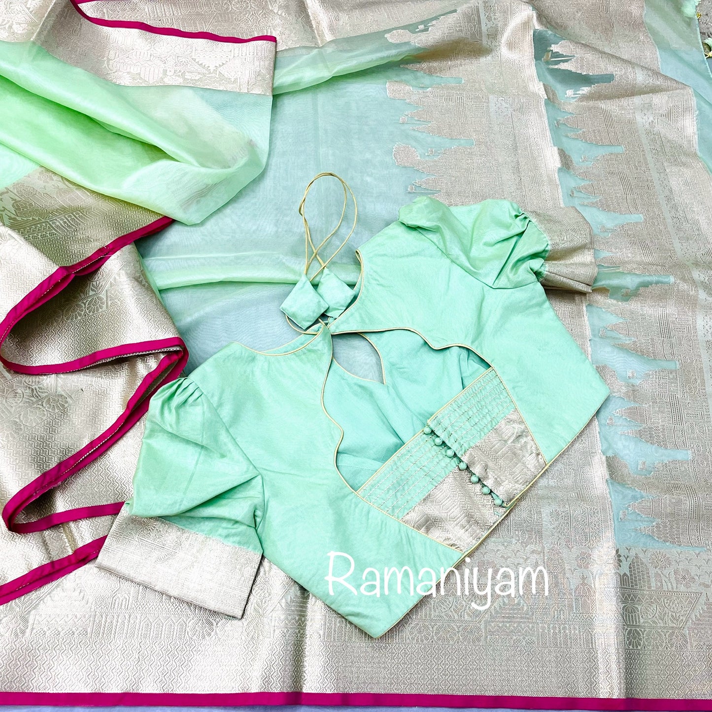 Mint green Banarasi ghat motifs saree