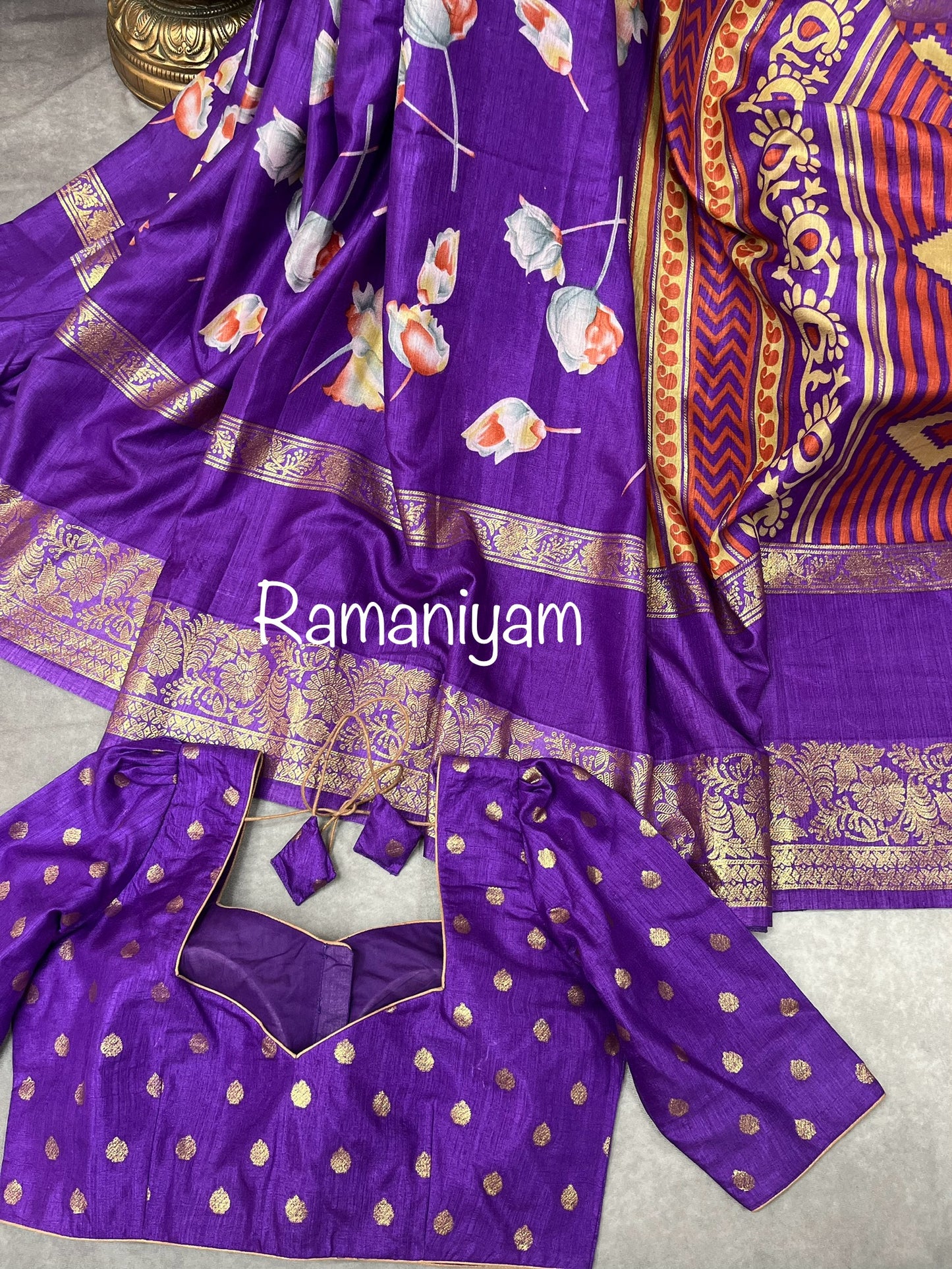 Purple floral print tussar saree