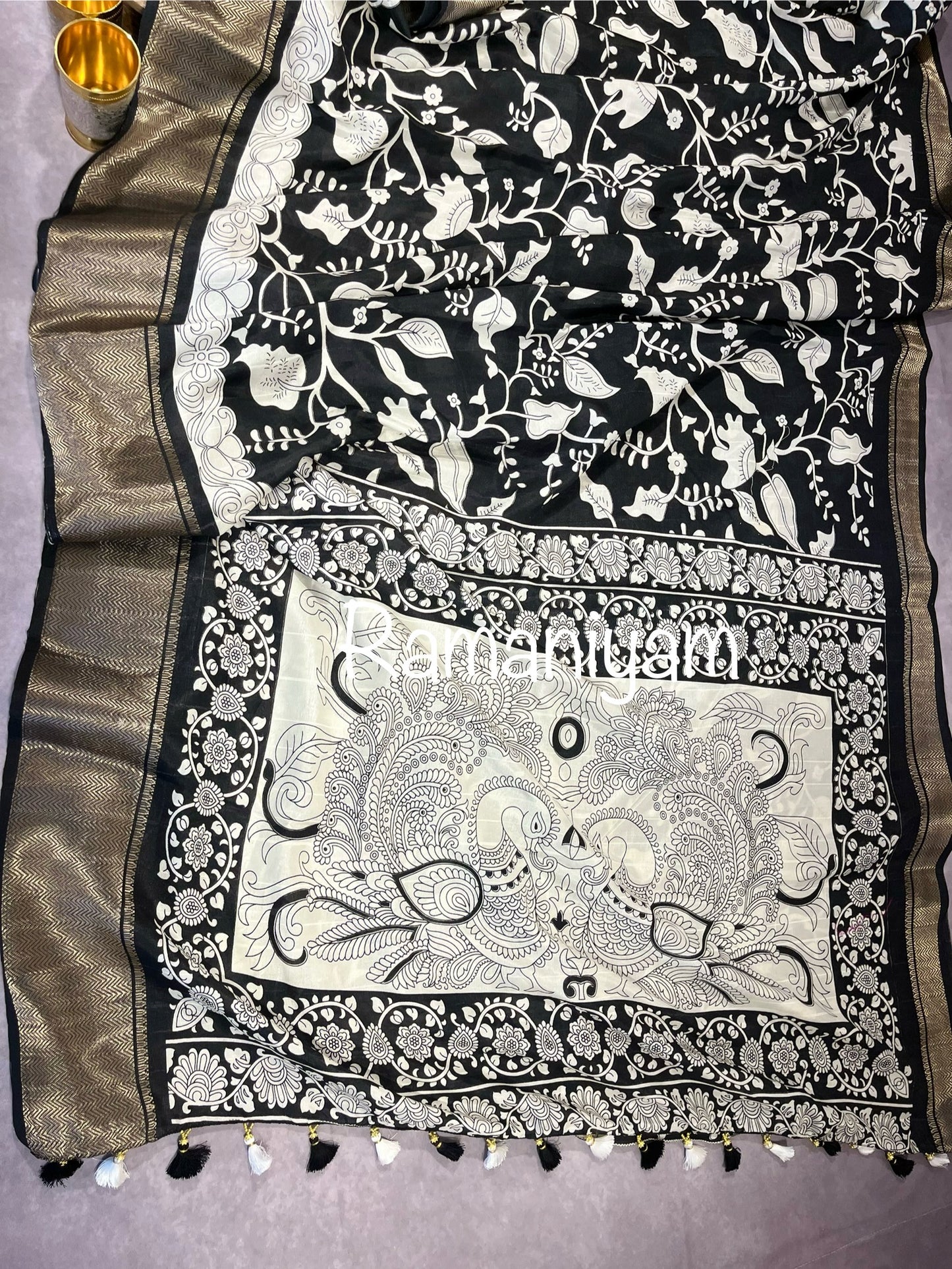 Dola silk Black and white kalamkari saree