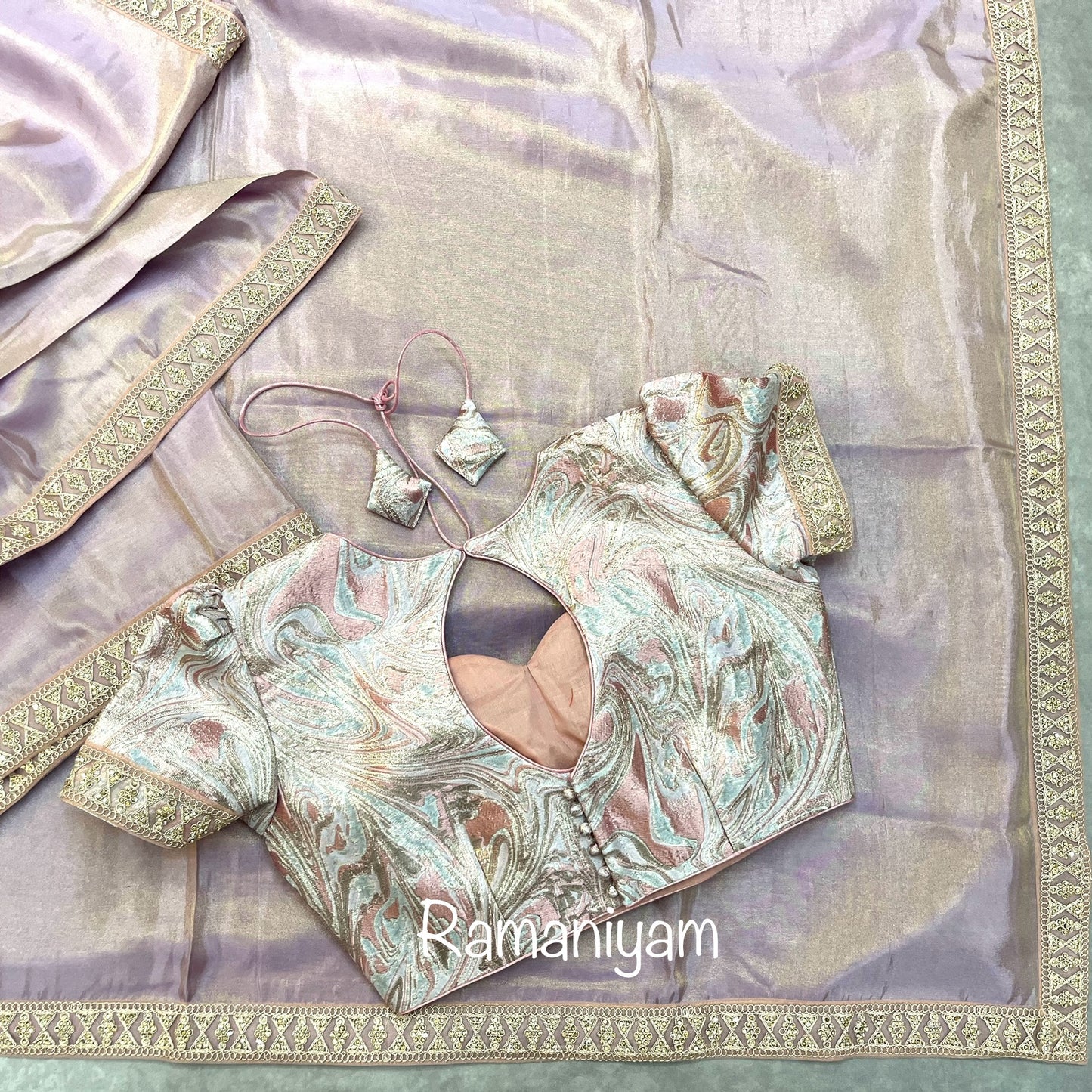 Lilac tissue crape saree with silver gold metallic lilac blouse