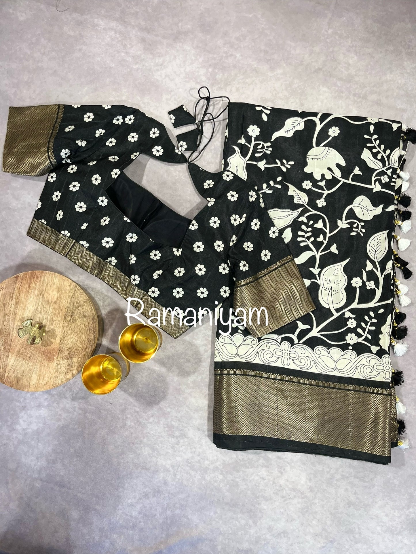 Dola silk Black and white kalamkari saree