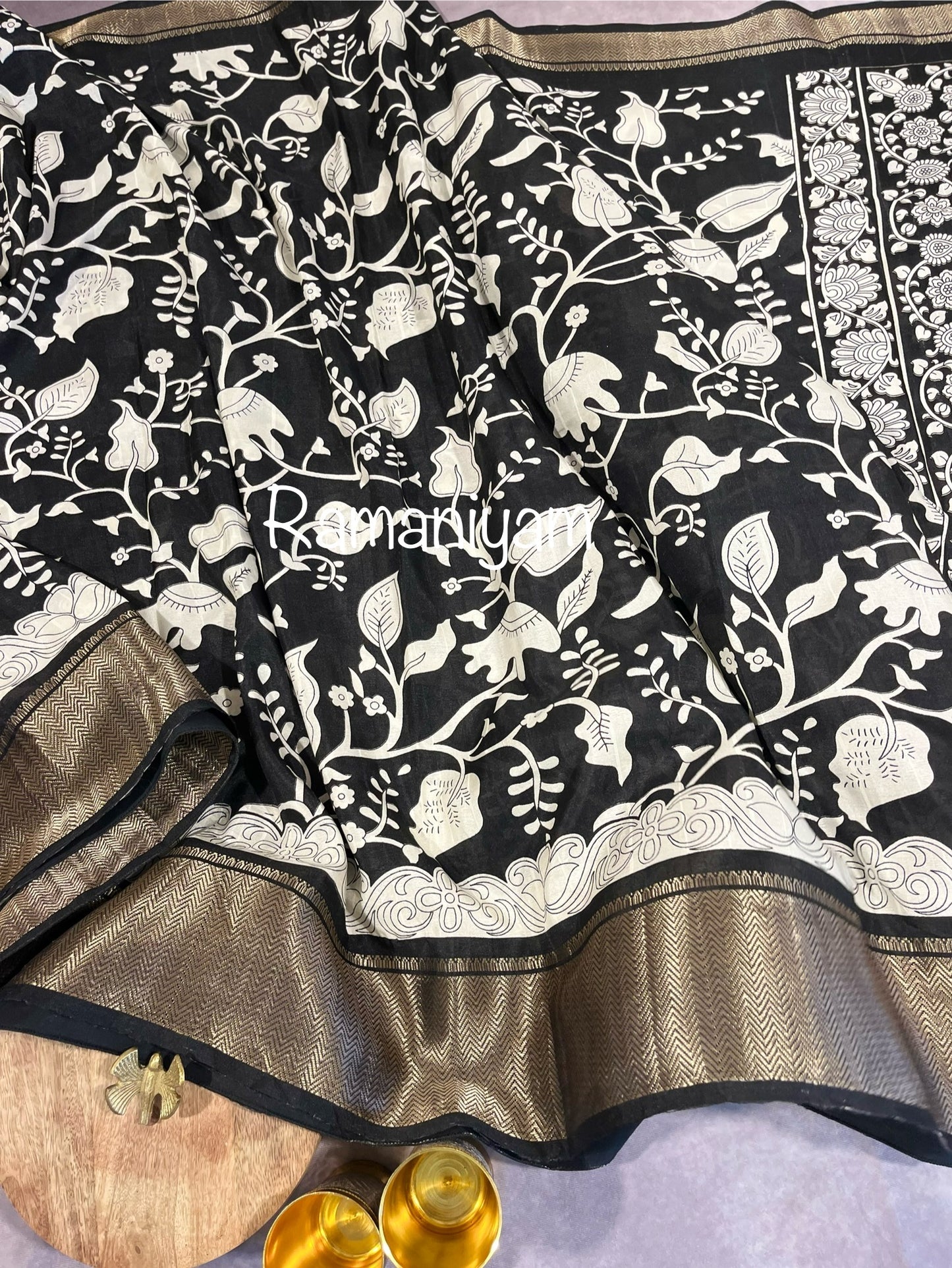 Dola silk Black and white kalamkari saree