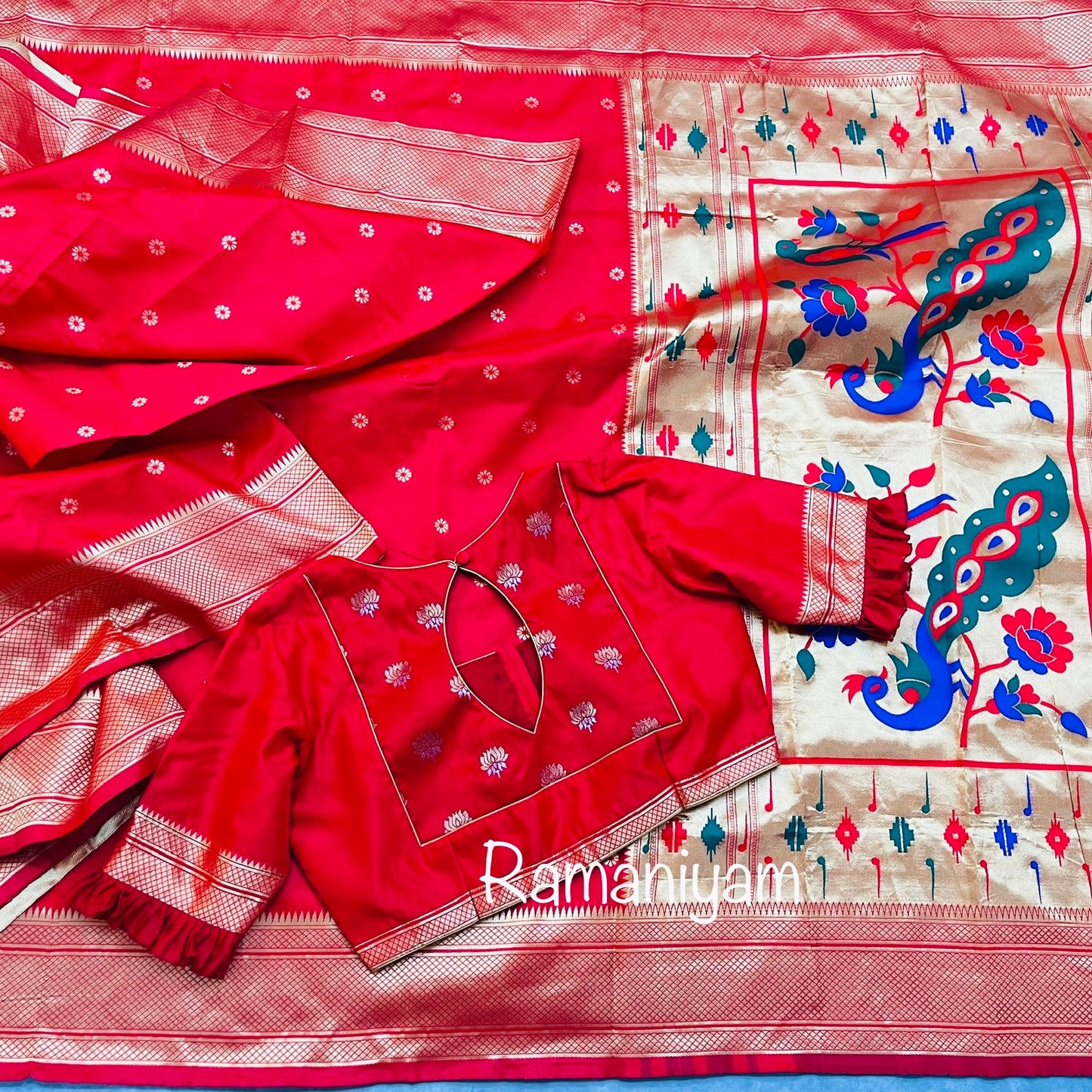 Royal red maharani Paithani saree with pattern blouse