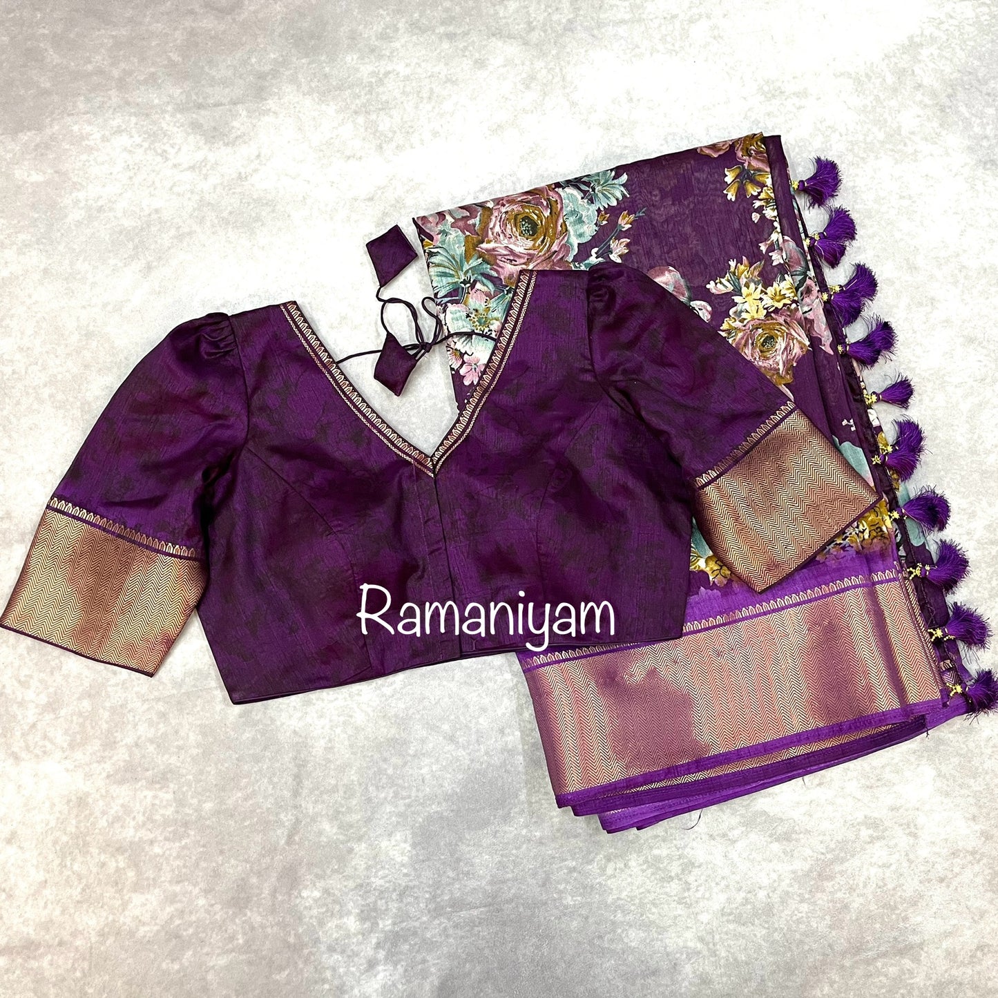 Purple floral print tussar saree