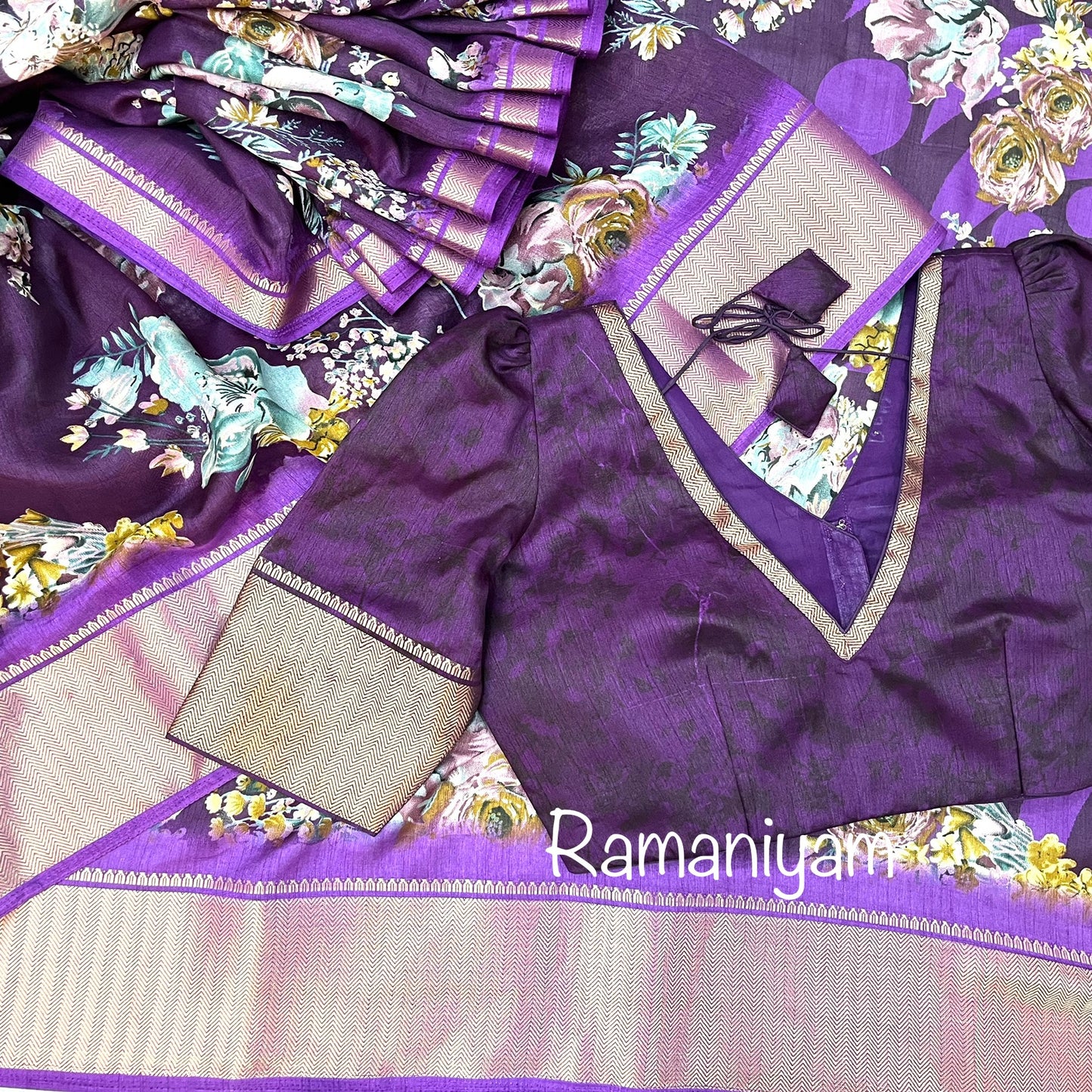 Purple floral print tussar saree