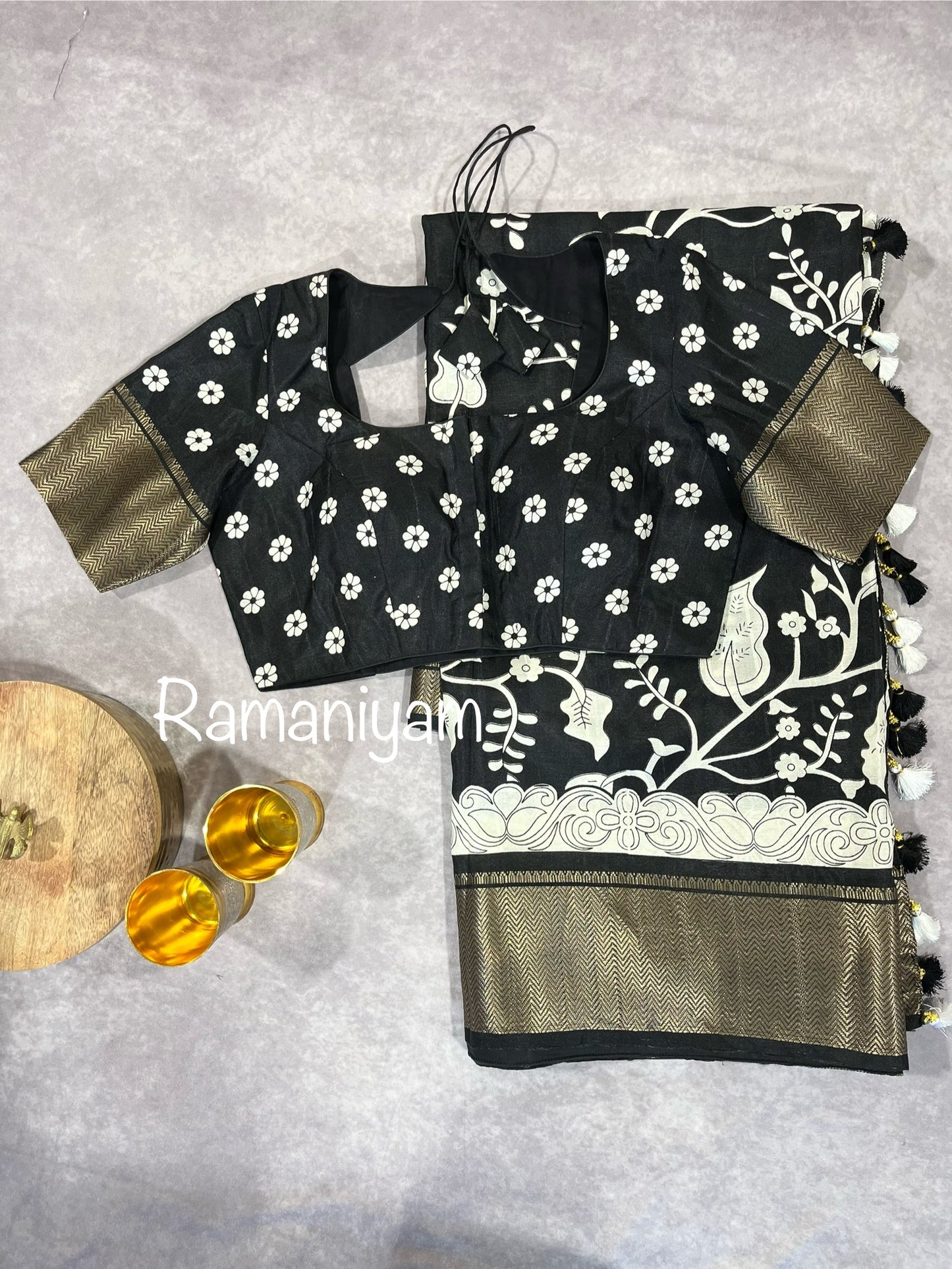Dola silk Black and white kalamkari saree