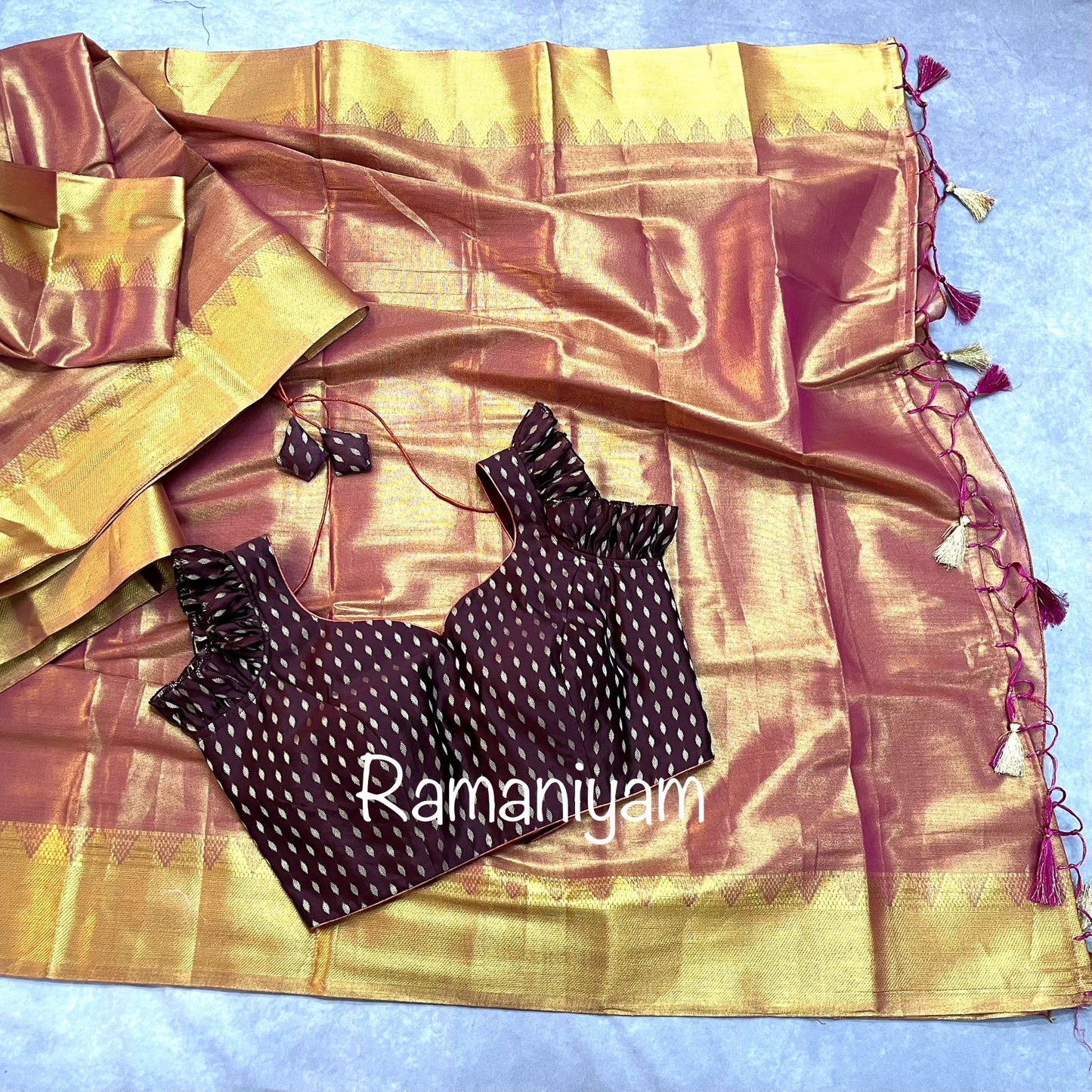 Soft tissue silk saree with chanderi ruffle short sleeves