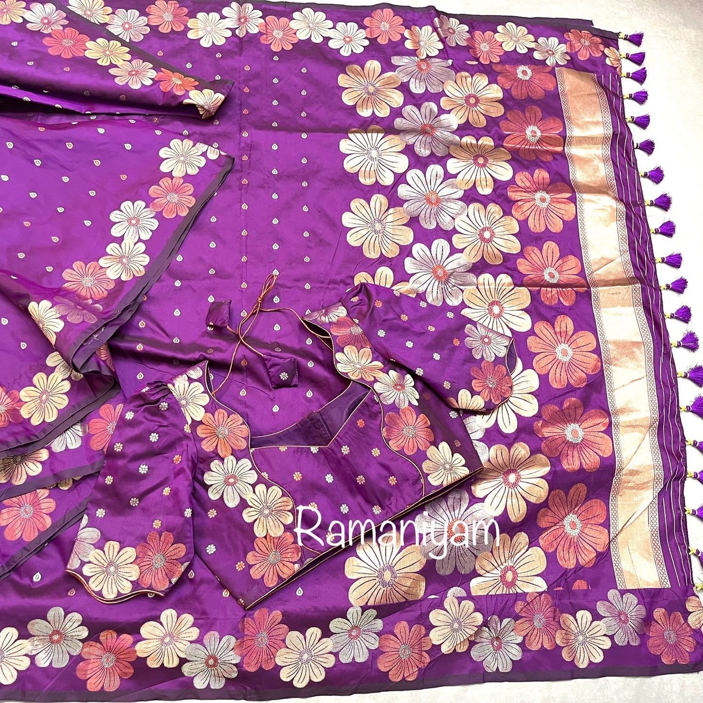 Purple magenta trendy floral weave Kanchi light weight Saree