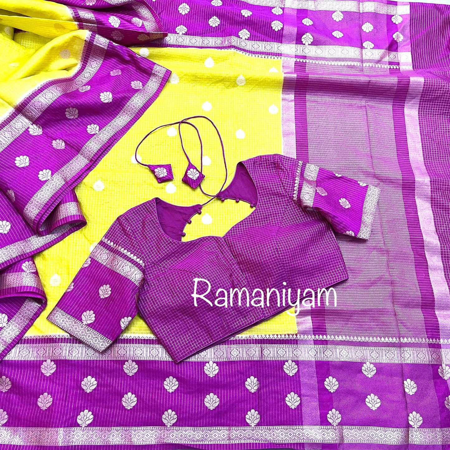 Banarasi dupion saree in lime green and magenta - Ramaniyam USA