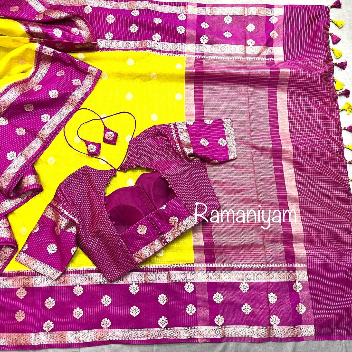 Banarasi dupion saree in lime green and magenta - Ramaniyam USA