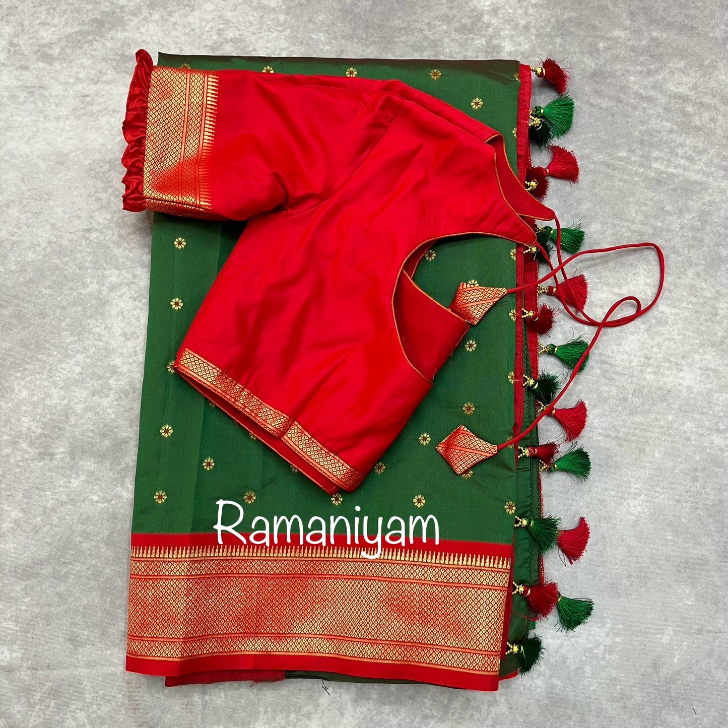 Bottle green and red maharani Paithani saree - Ramaniyam USA