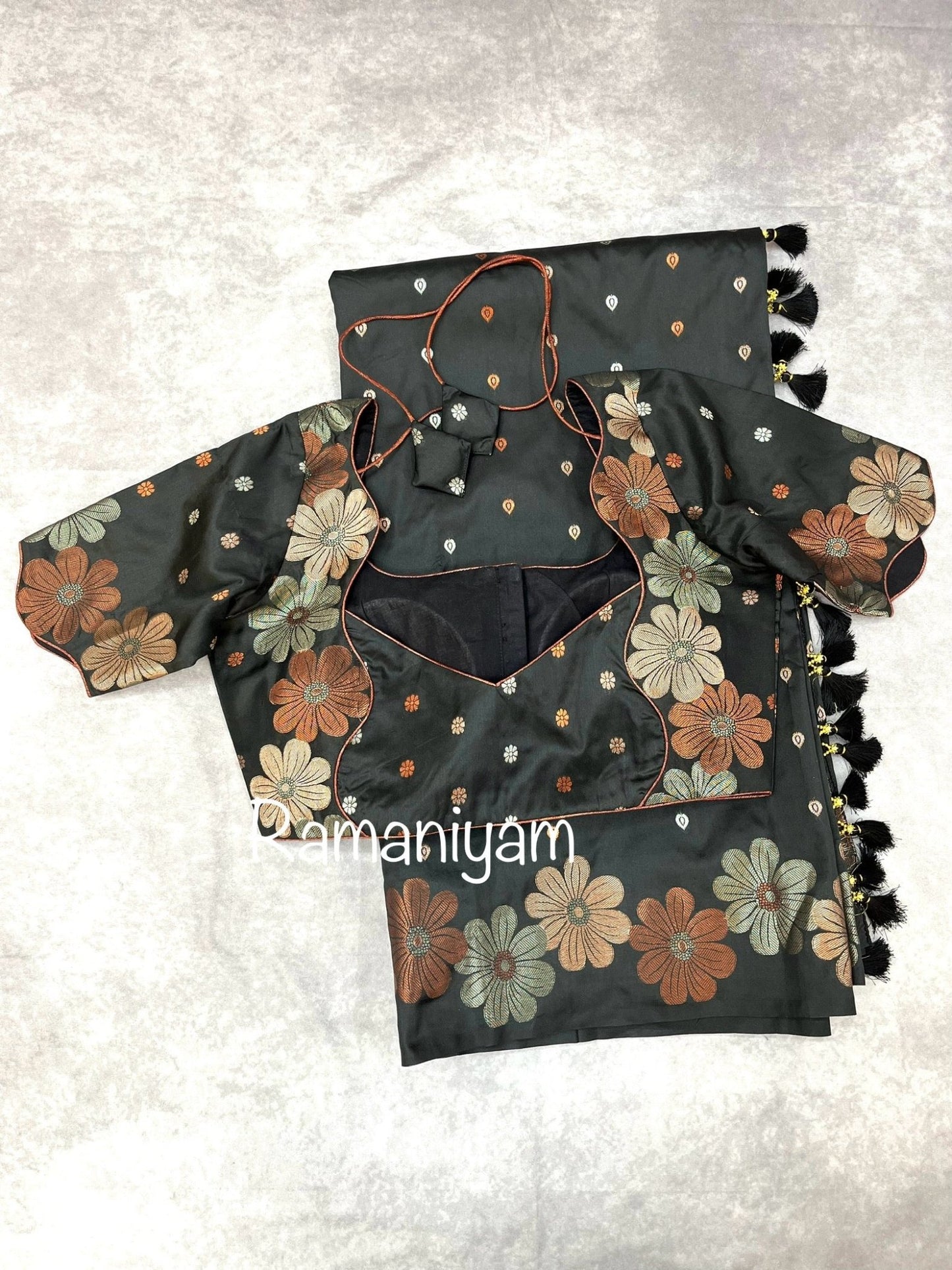 Carbon black trendy floral weave Kanchi light weight Saree - Ramaniyam USA
