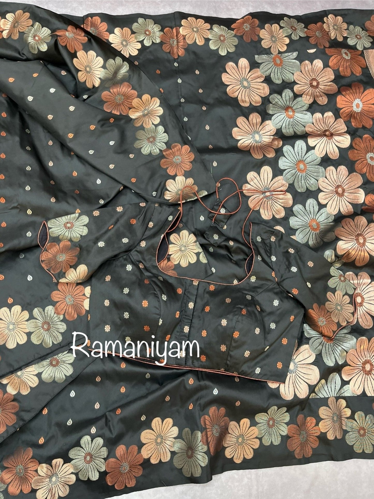 Carbon black trendy floral weave Kanchi light weight Saree - Ramaniyam USA