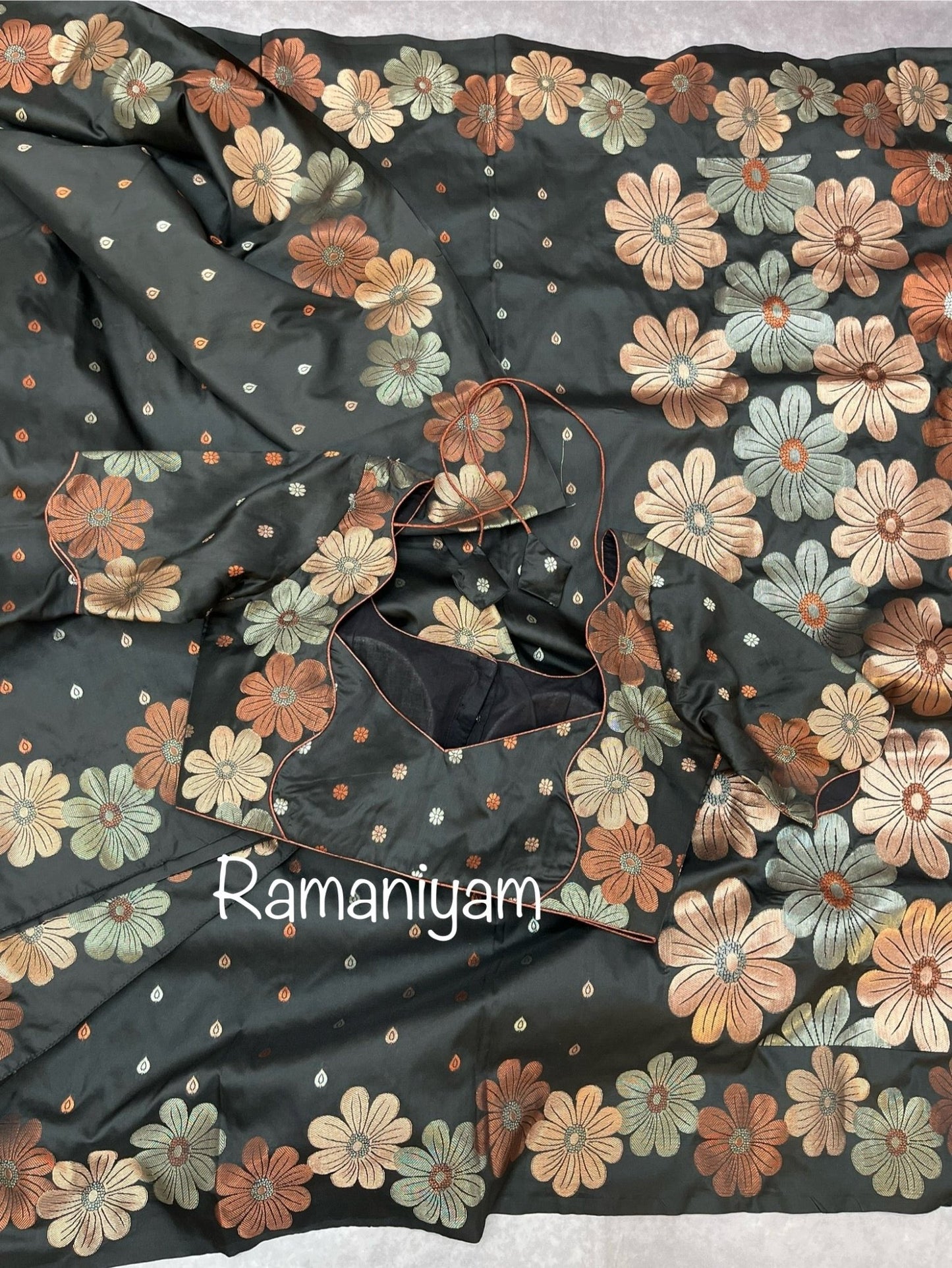 Carbon black trendy floral weave Kanchi light weight Saree - Ramaniyam USA