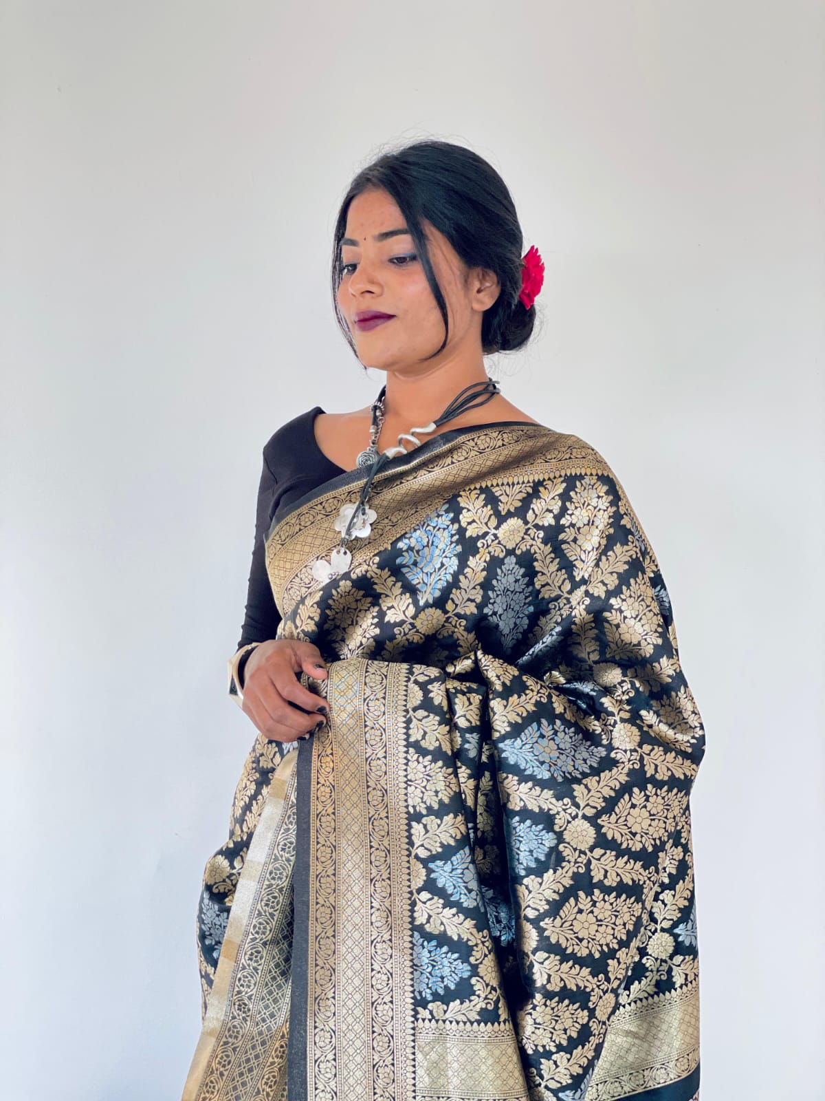 Black Banarasi with all over silver and gold jari weave