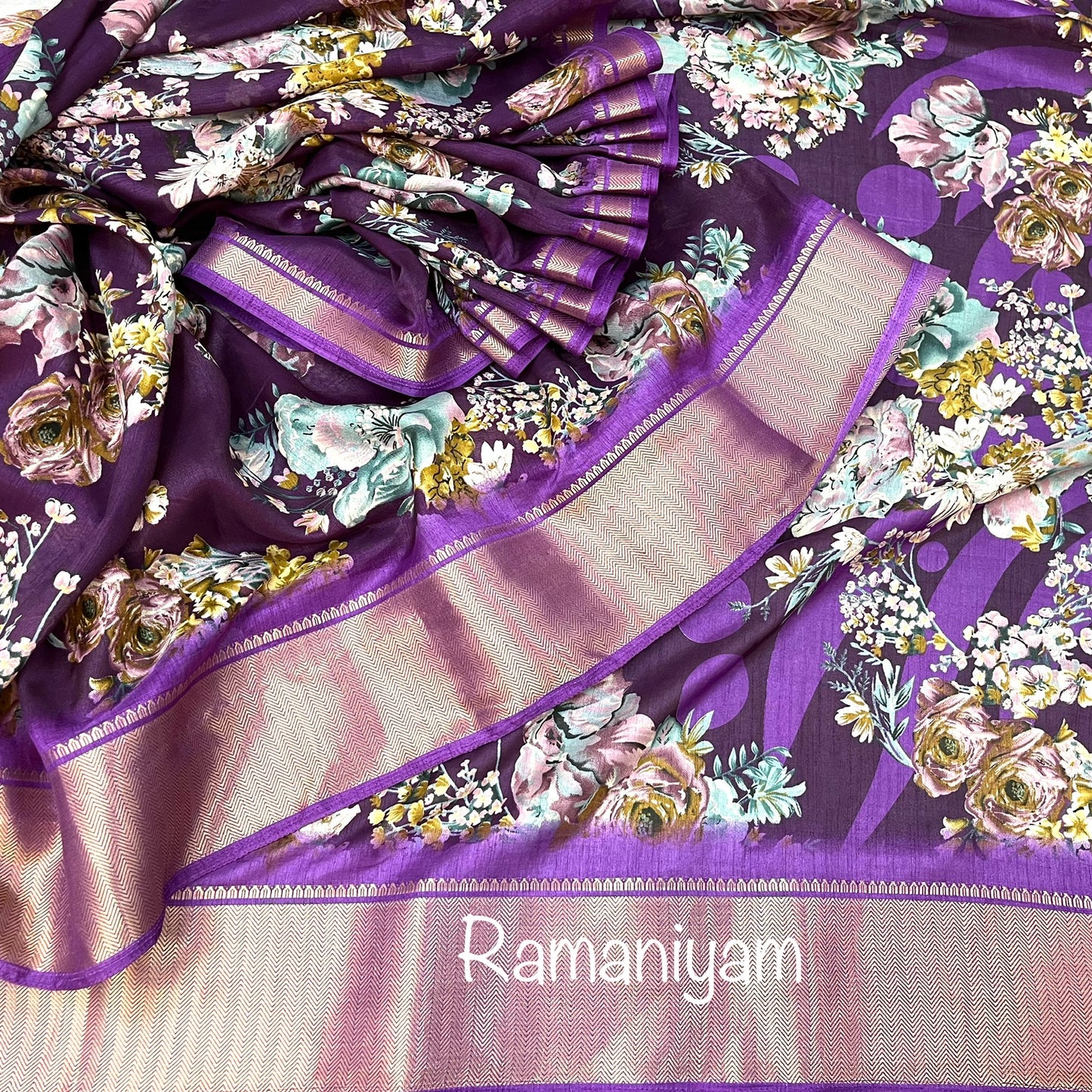 Purple floral print tussar saree