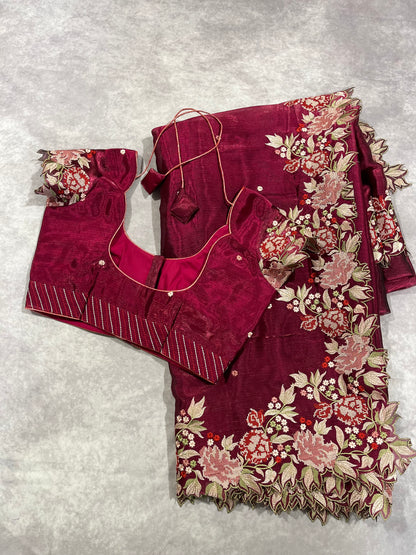 Georgette Tissue embroidery cutwork saree