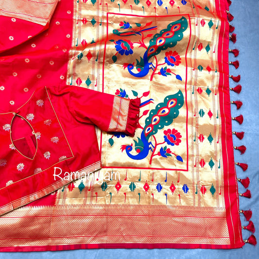 Royal red maharani Paithani saree with pattern blouse
