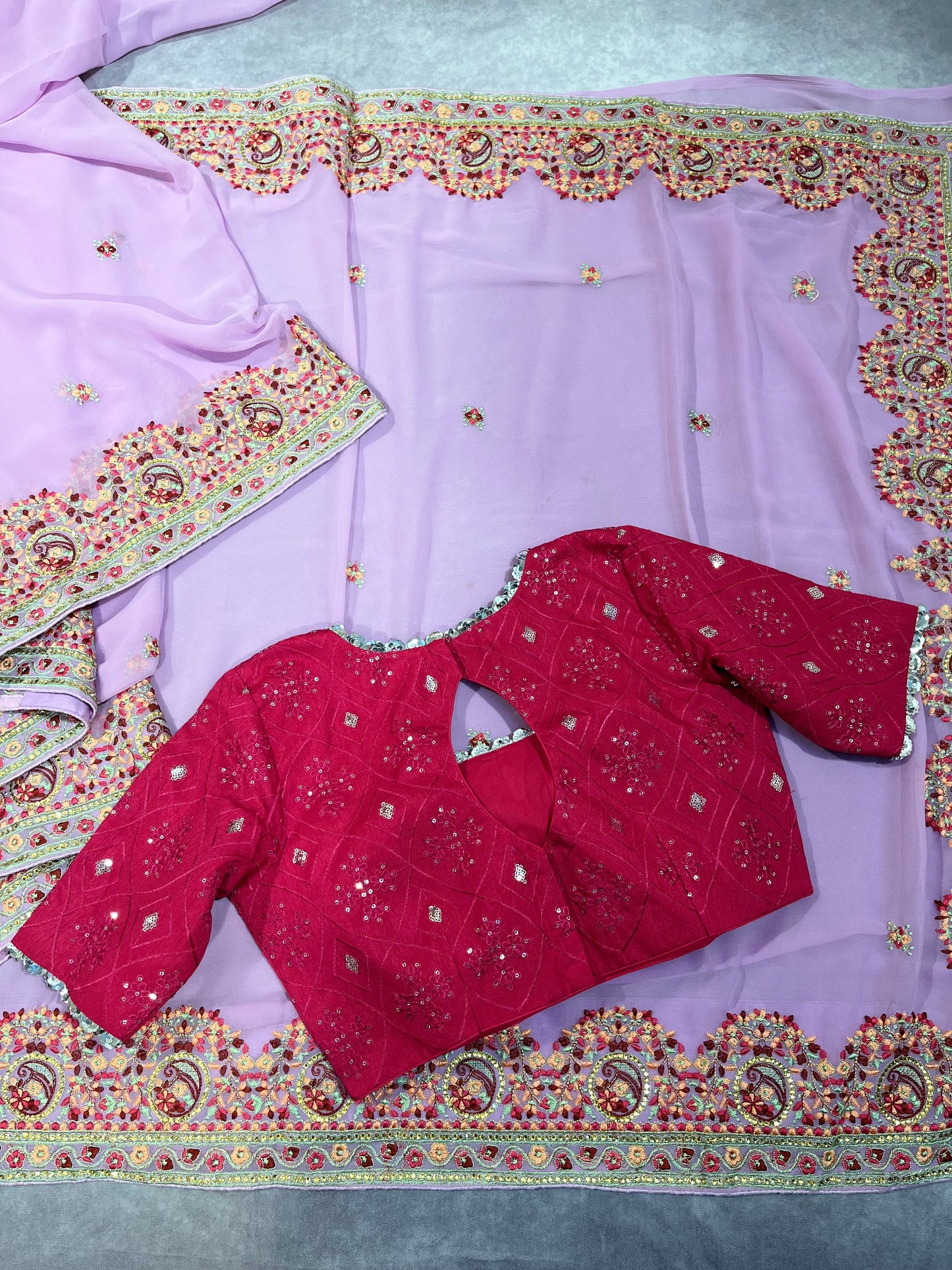 Lavender georgette saree with thread embroidery