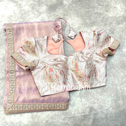 Lilac tissue crape saree with silver gold metallic lilac blouse