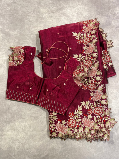 Georgette Tissue embroidery cutwork saree