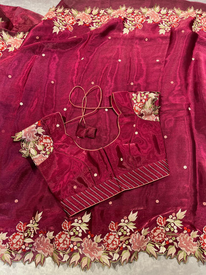 Georgette Tissue embroidery cutwork saree