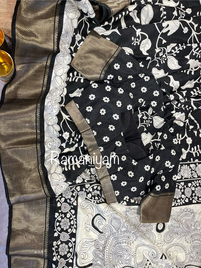 Dola silk Black and white kalamkari saree