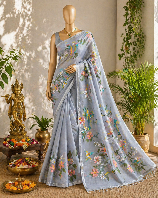 Grey Kota embroidery saree paired with a stitched blouse