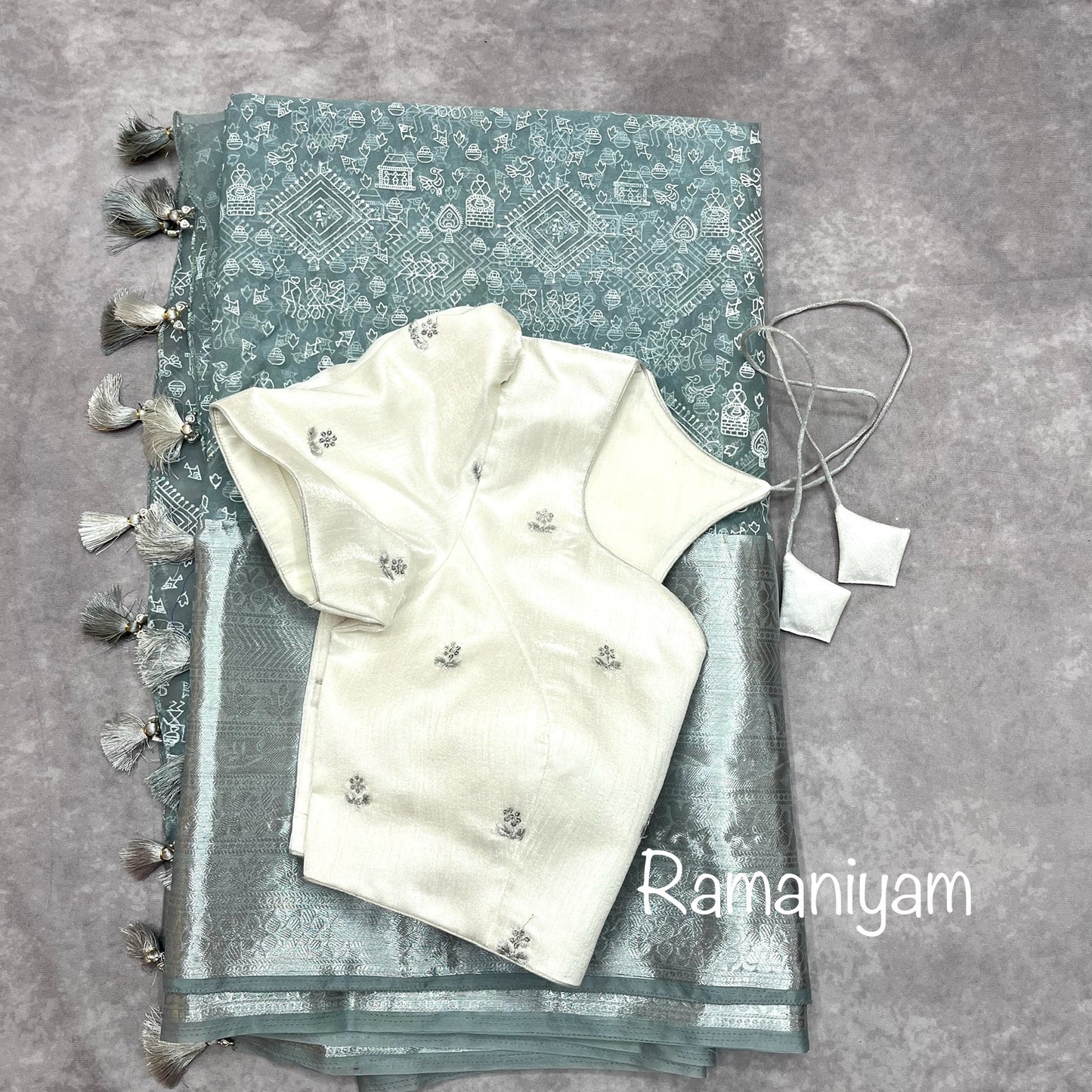 Warli painting block printed Grey Organza lightweight saree
