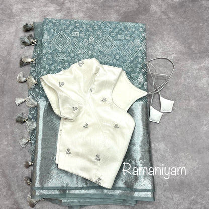 Warli painting block printed Grey Organza lightweight saree