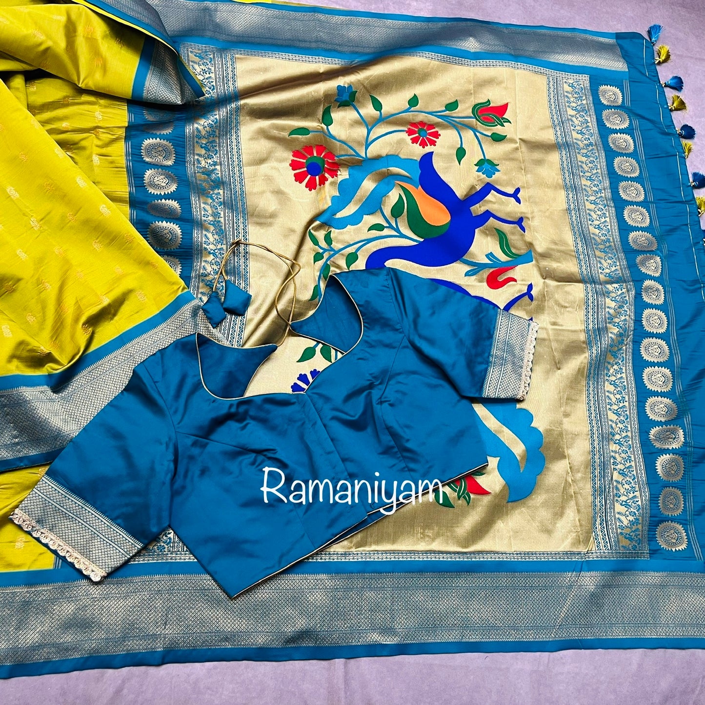 Pistachio green and Rama blue combination maharani Paithani saree