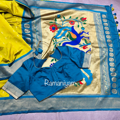 Pistachio green and Rama blue combination maharani Paithani saree