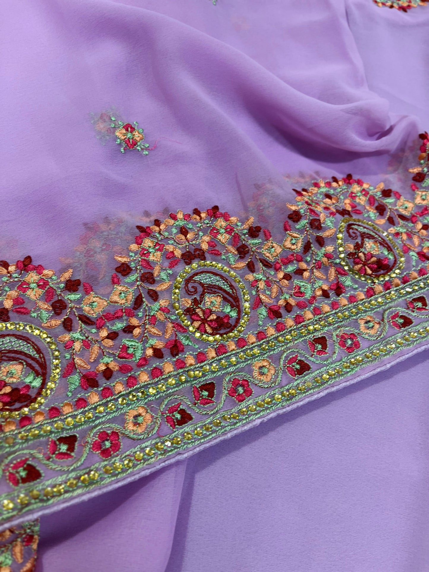 Lavender georgette saree with thread embroidery