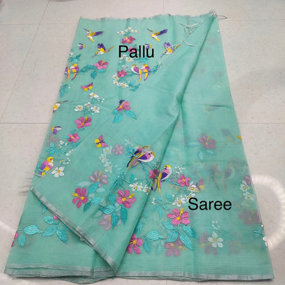 Mint green Kota embroidery saree with stitched blouse