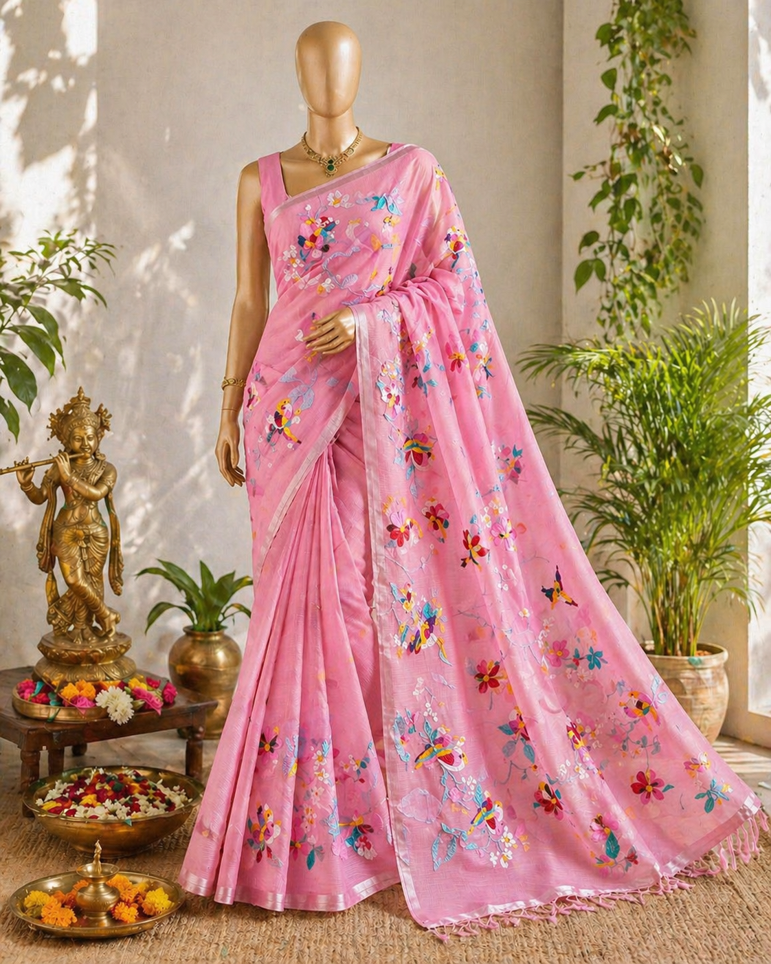 Rose pink Kota embroidery saree paired with a stitched blouse